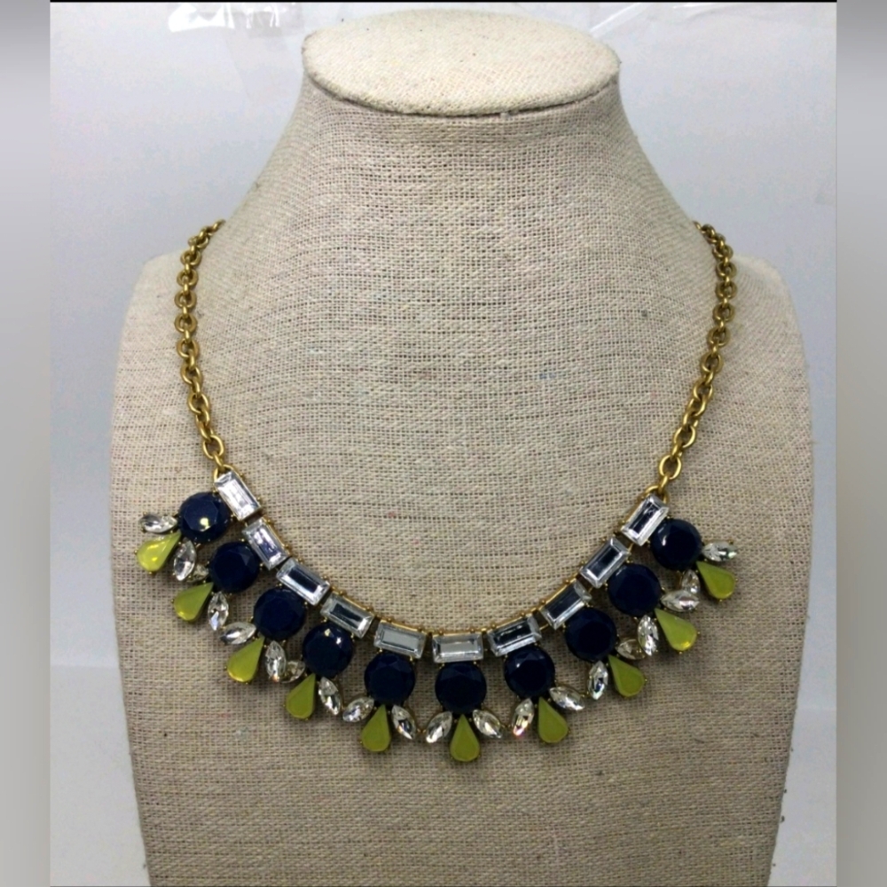 J. Crew Goldtone Green Yellow & Clear Rhinestone Necklace EUC 19"